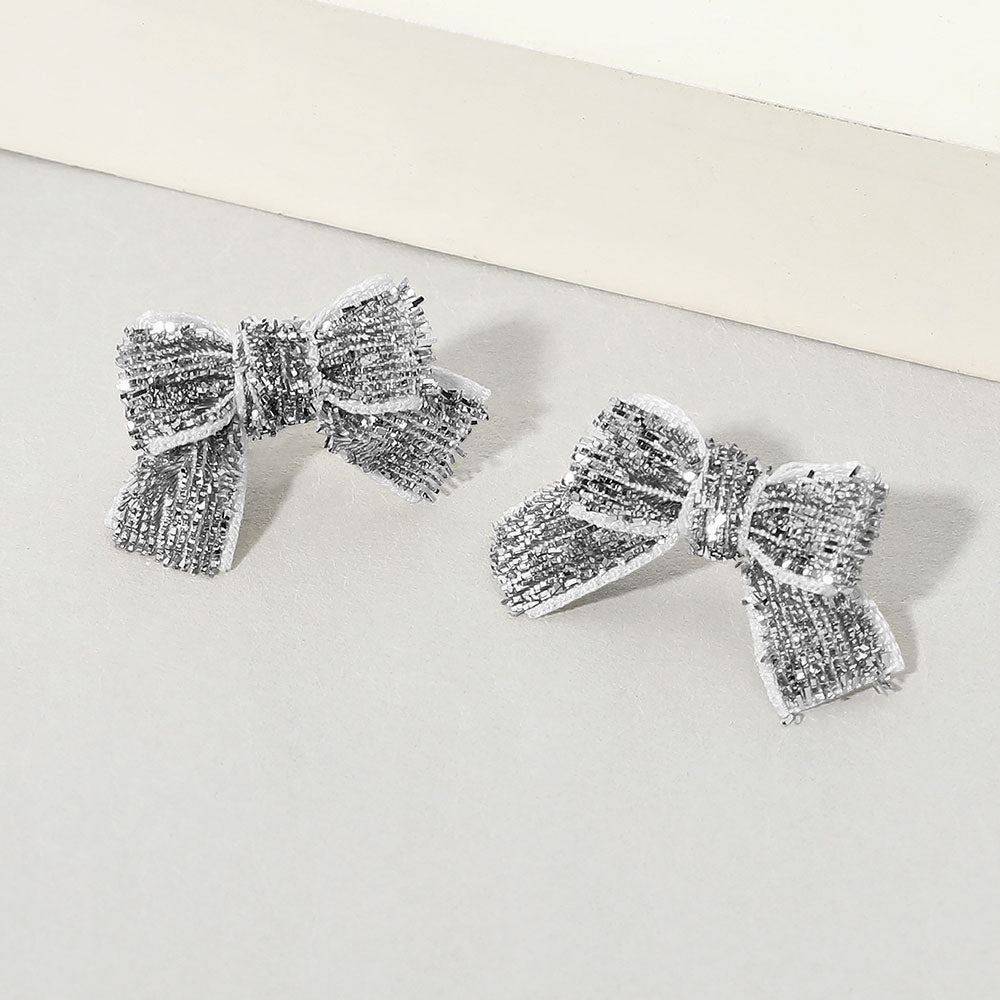 Madeline Love Silver Rhinestone Pave Bow Stud Earrings