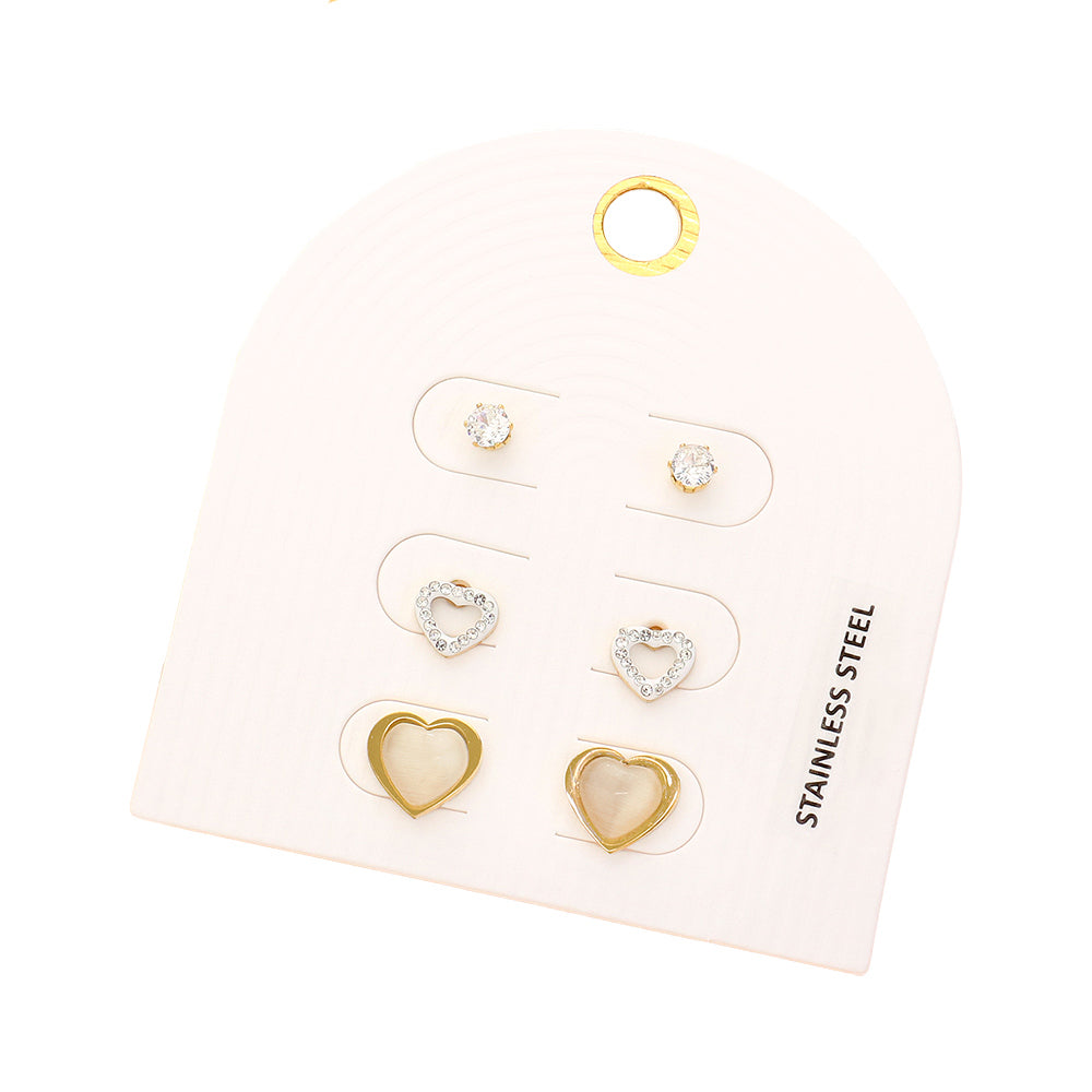 3PAIRS - Heart Stud Earring Set