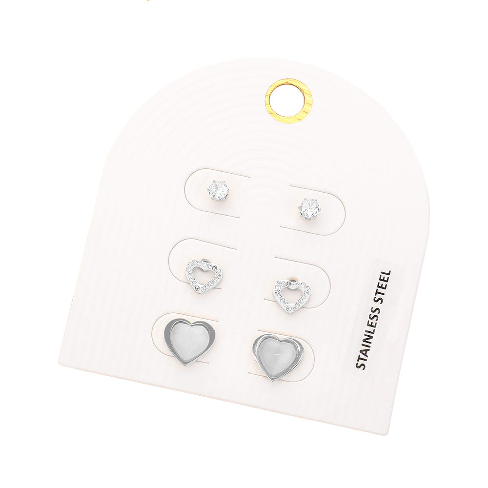 3PAIRS - Heart Stud Earring Set