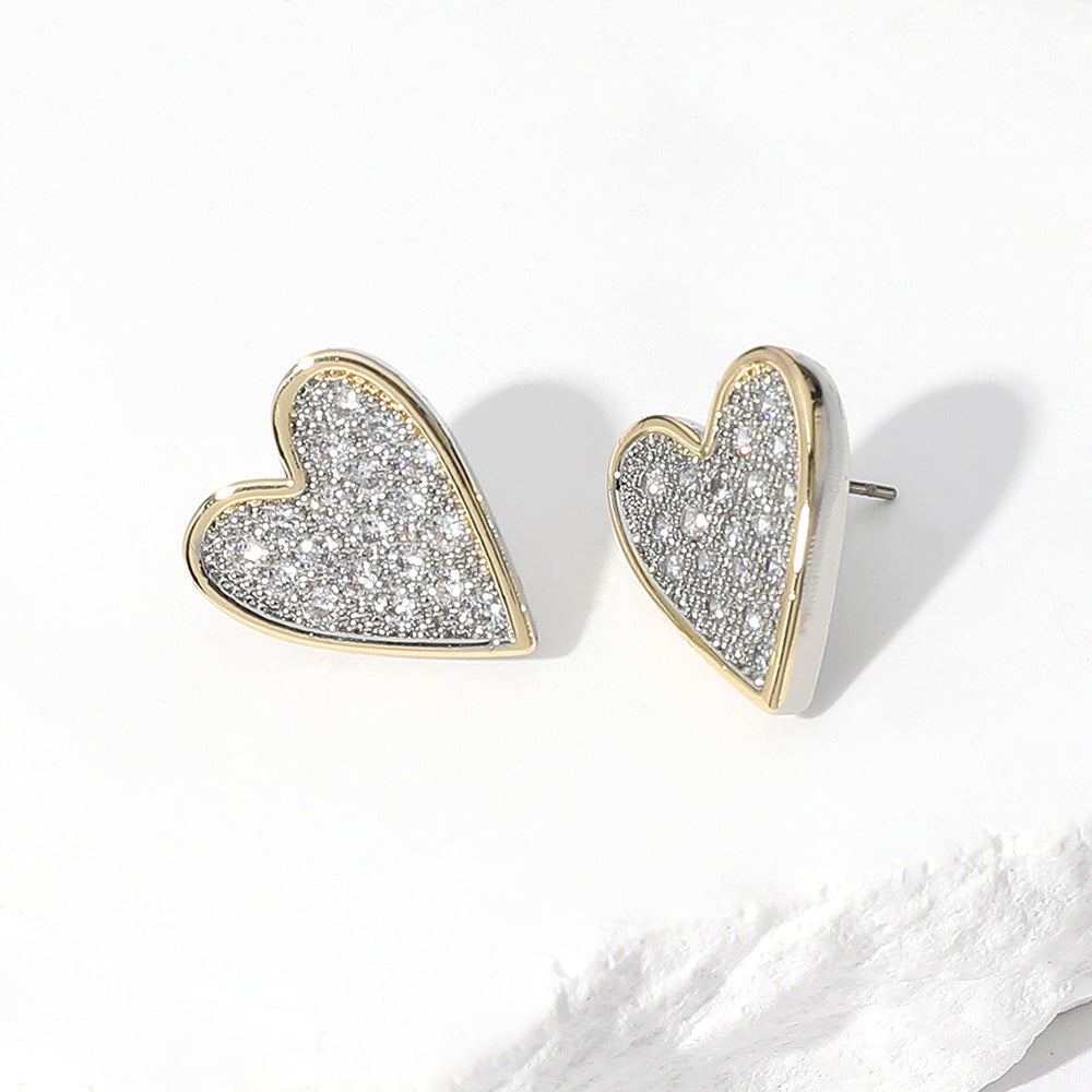 Madeline Love Two Tone 14K Gold Plated CZ Stone Paved Heart Stud Earrings