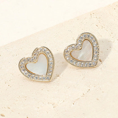 Madeline Love Gold, Mother of Pearl 14K Gold Plated CZ Stone Pave Rim Mother of Pearl Heart Stud Earrings