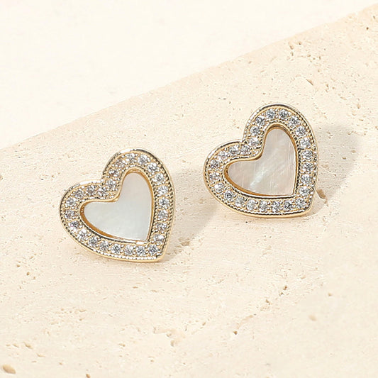 Madeline Love Gold, Mother of Pearl 14K Gold Plated CZ Stone Pave Rim Mother of Pearl Heart Stud Earrings