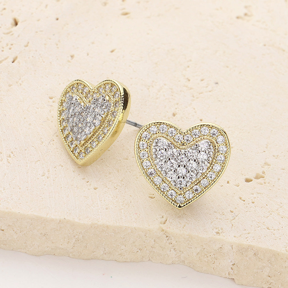 Madeline Love Gold 14K Gold Plated CZ Stone Paved Heart Stud Earrings