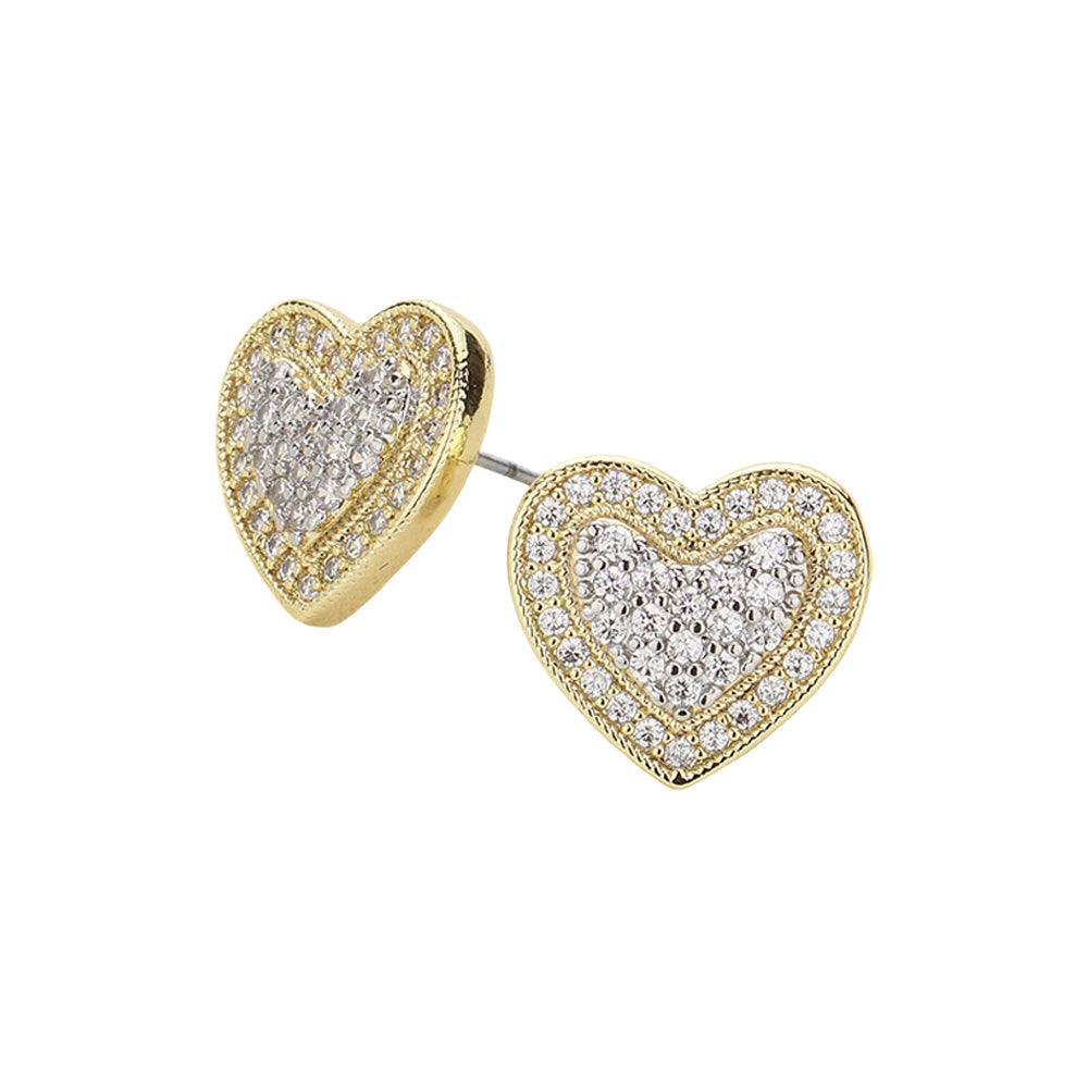 Madeline Love Gold 14K Gold Plated CZ Stone Paved Heart Stud Earrings - desc