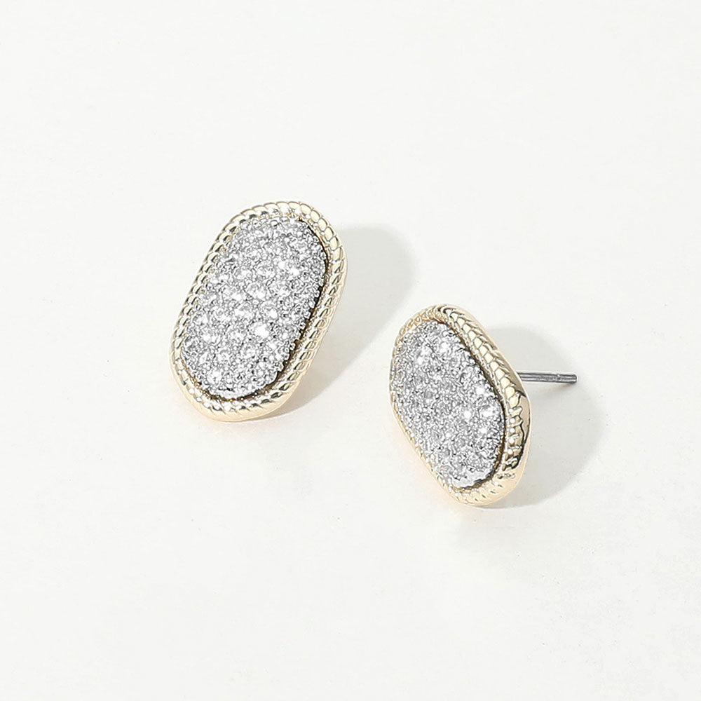 Madeline Love Two Tone 14K Gold Plated CZ Stone Paved Two Tone Oval Frame Stud Earrings