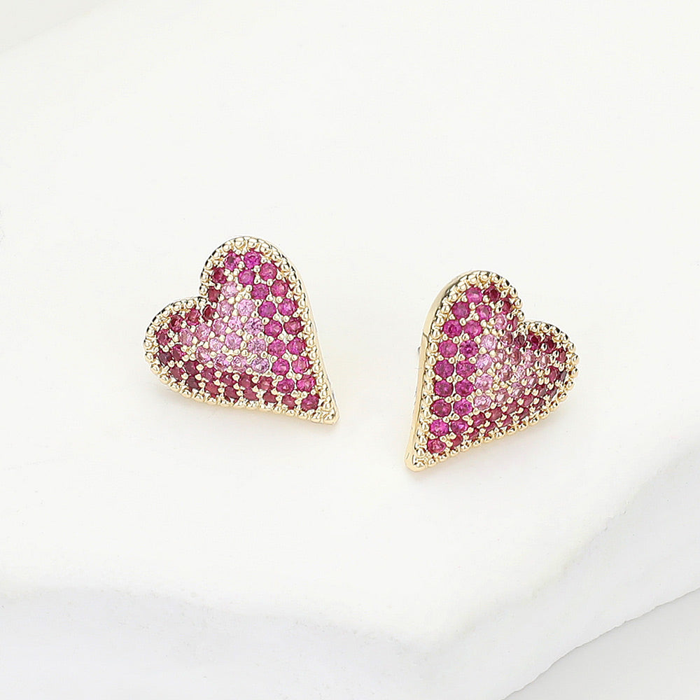 Madeline Love Gold, Pink 14K Gold Plated CZ Stone Paved Heart Stud Earrings