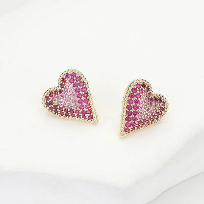 Madeline Love Gold, Pink 14K Gold Plated CZ Stone Paved Heart Stud Earrings