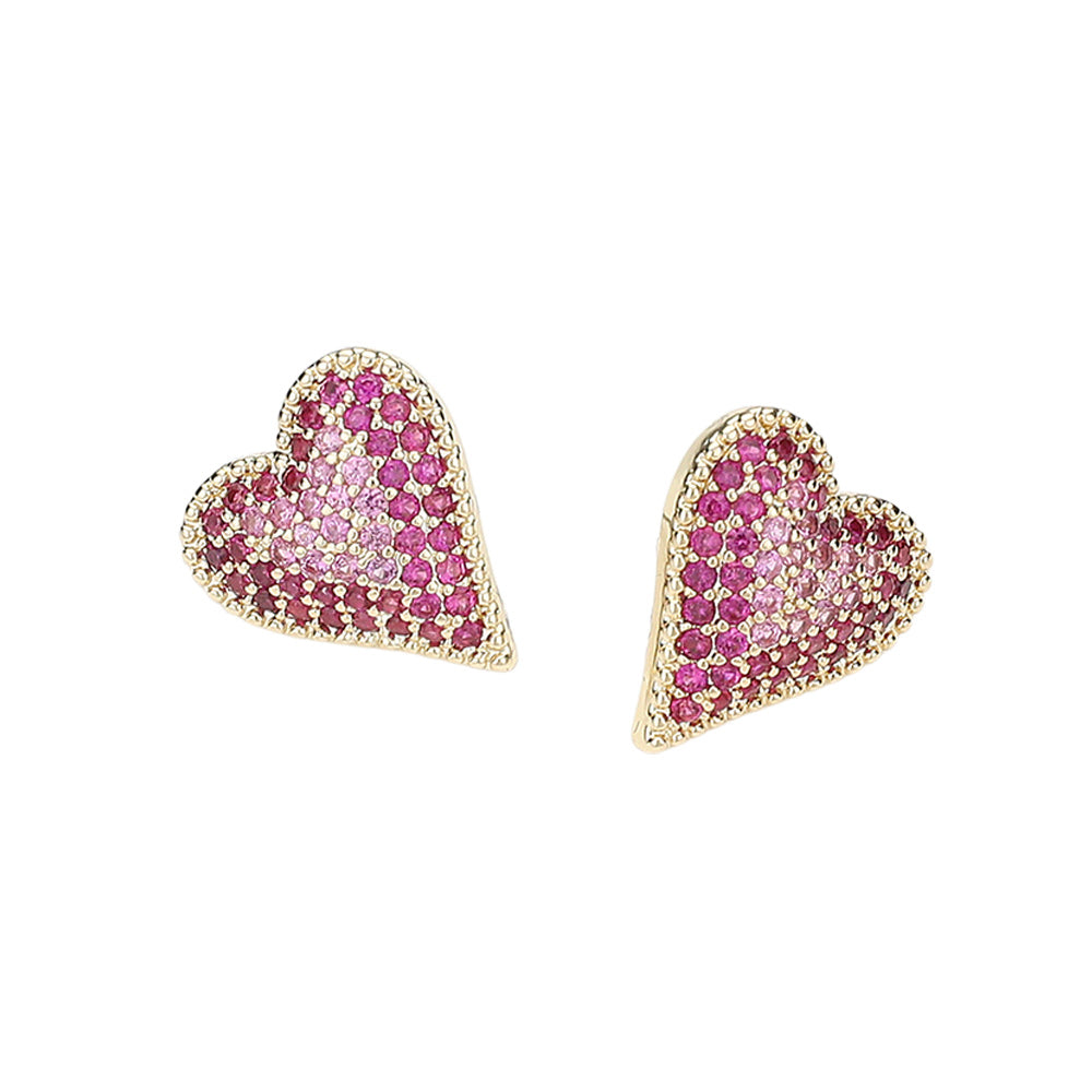 Madeline Love Gold, Pink 14K Gold Plated CZ Stone Paved Heart Stud Earrings - desc