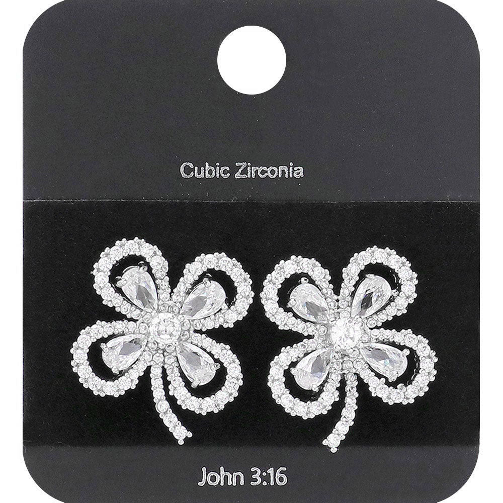 Madeline Love Clear, Rhodium CZ Stone Paved Clover Stud Earrings