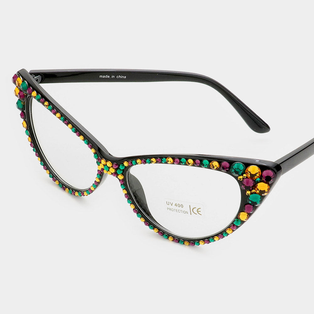 Multi Mardi Gras Crystal Cat Eye Clear Lens Sunglasses