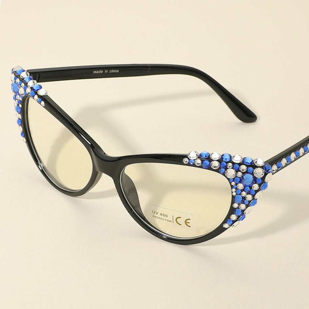 Madeline Love Black, Clear, Sapphire Bubbly Crystal Cat Eye Optical Glasses - Sunglasses