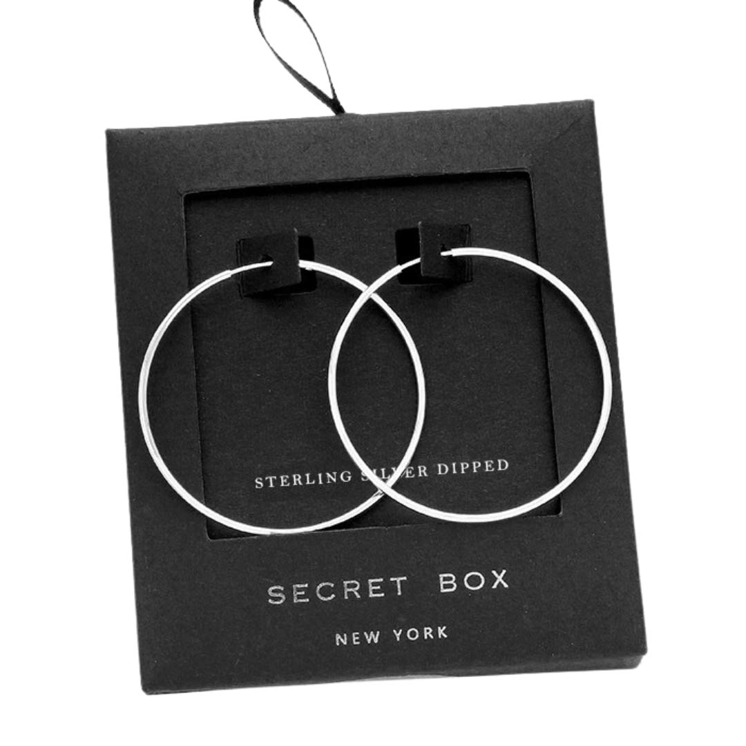 Silver Trendy Secret Box Sterling Silver Dipped Metal Hoop Earrings, are fun handcrafted jewelry that fits your lifestyle, adding a pop of pretty color. Enhance your attire with these vibrant artisanal earrings to show off your fun trendsetting style. Great gift idea for your Wife, Mom, your Loving one, or any family member.