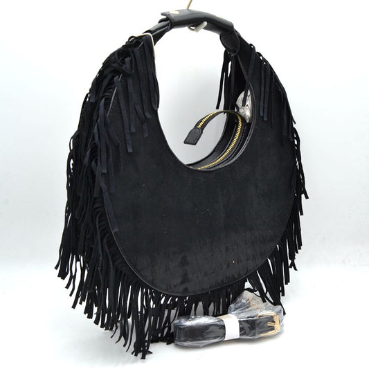 Sienna Fringe Suede Hobo Bag - Black - Hobo Bags
