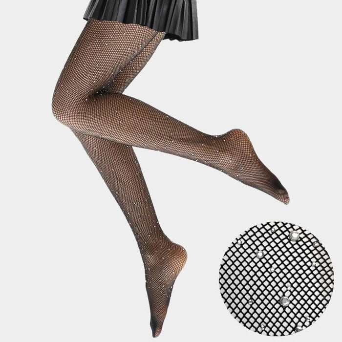 Madeline Love Black, Clear Crystal Embellished Fishnet Pantyhose Tights - Jewelry