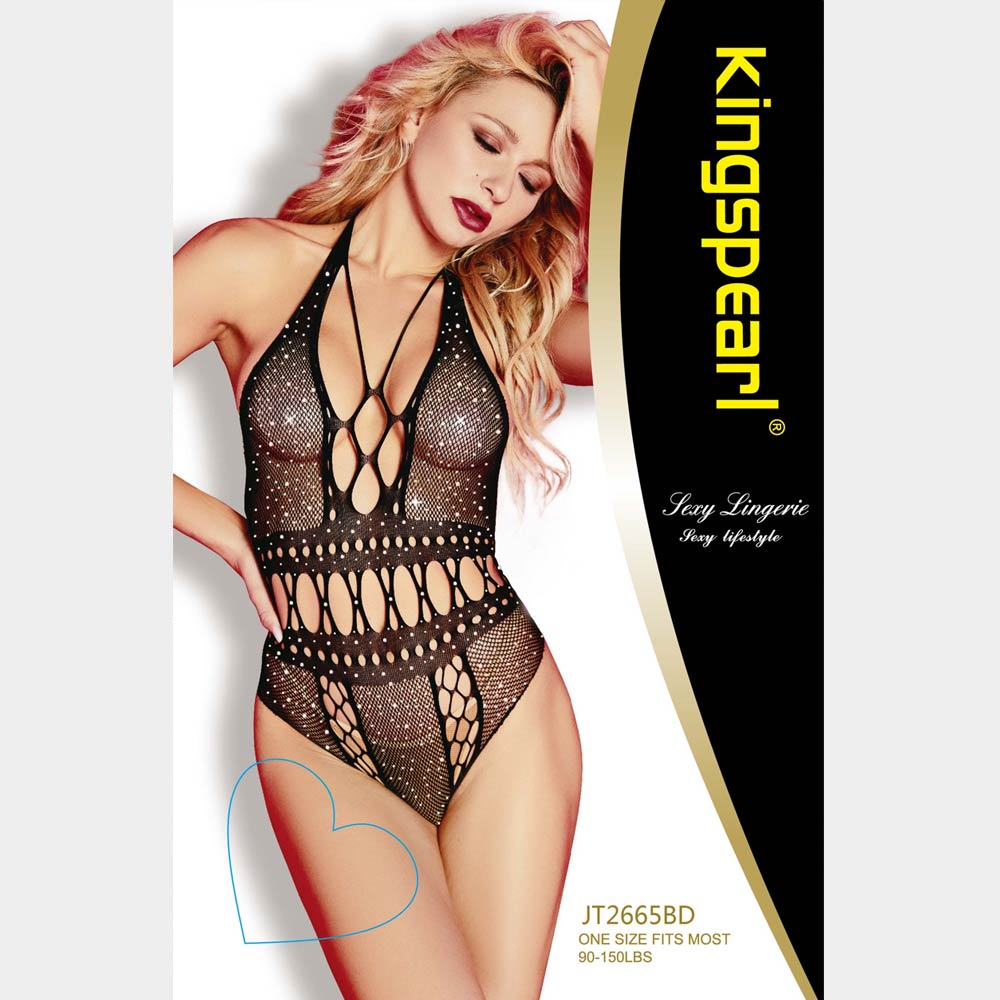 Madeline Love Black, Black Diamond Rhinestone Embellished Cutout Fishnet Halter Bodystocking - Jewelry