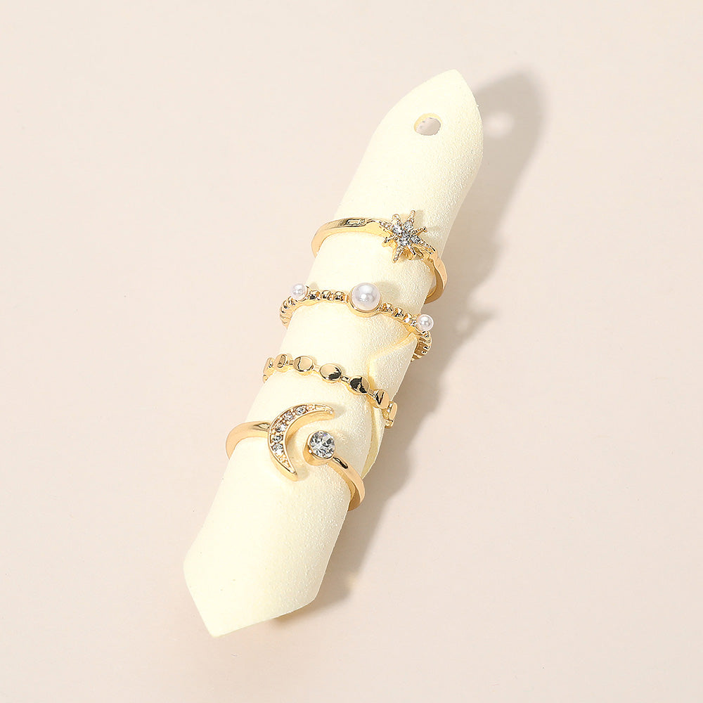 Madeline Love Gold Rhinestone Pave Crescent Starburst Pearl Accent Stackable Ring Set