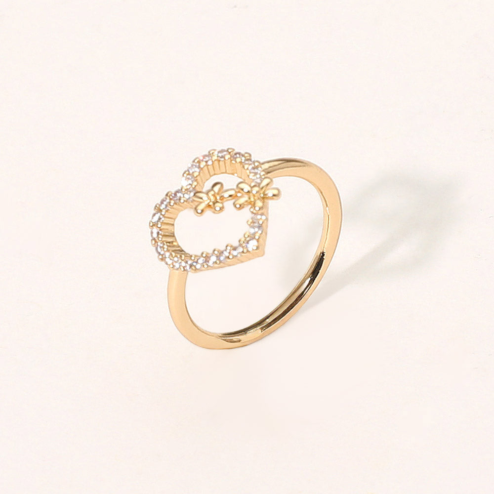 Madeline Love Clear, Gold Double Flower Stone Paved Open Heart Accent Ring