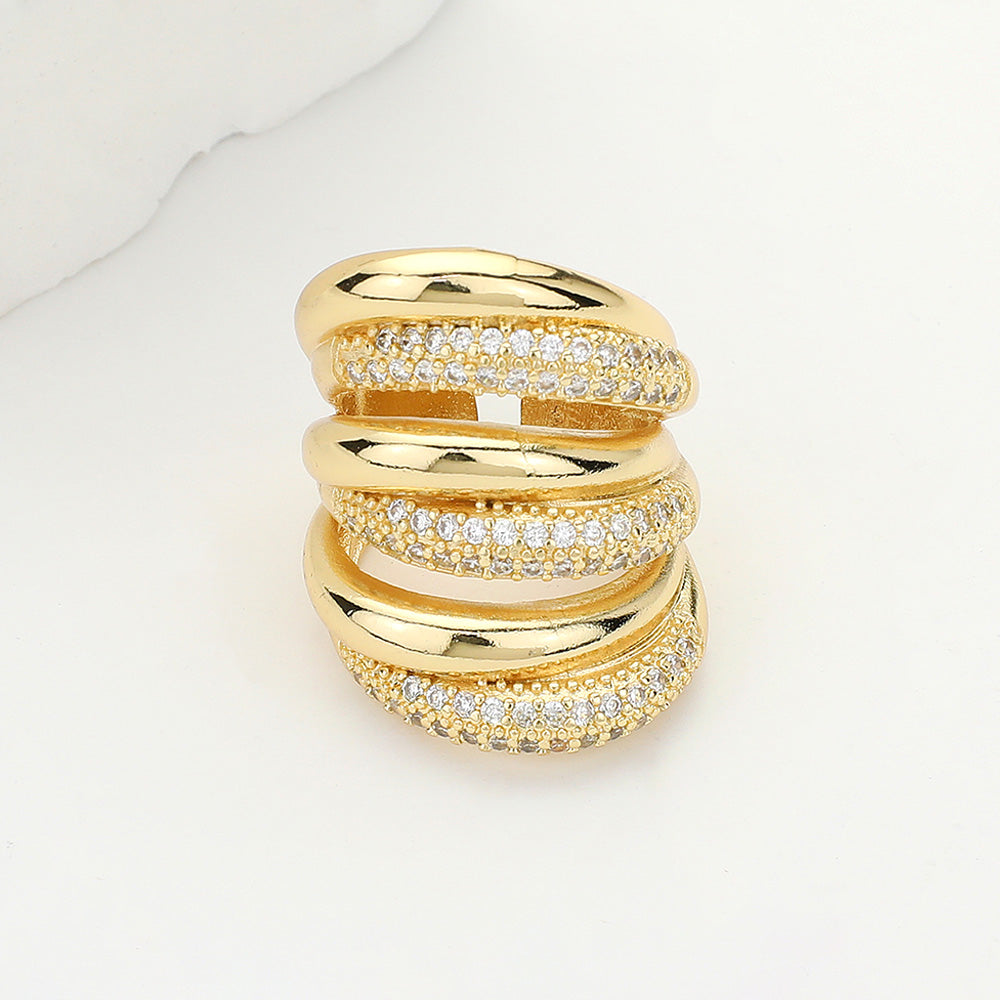 Madeline Love Clear, Gold CZ Stone Paved Brass Metal Chunky Stack Ring