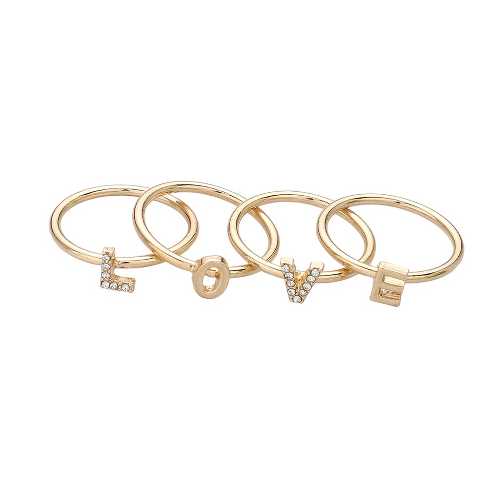 Gold 4PCS - LOVE Rhinestone Embellished Message Rings features the word "LOVE" in a sleek, polished design. Each ring is crafted to deliver a subtle sparkle, making them ideal for layering or wearing alone to add a sophisticated statement to any outfit. Perfect for expressing sentiment through elegant accessories, these rings blend durable craftsmanship with refined aesthetics, suitable for everyday wear or special occasions. 