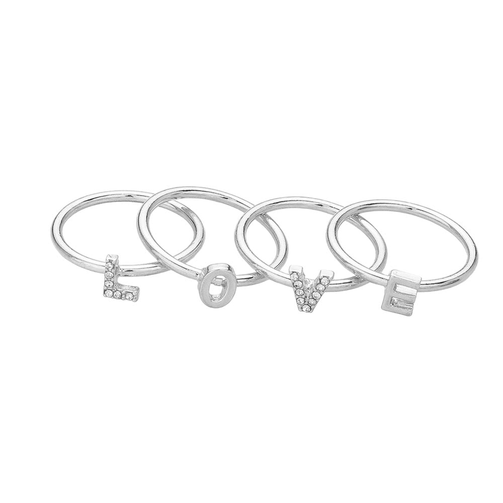 Rhodium 4PCS - LOVE Rhinestone Embellished Message Rings features the word "LOVE" in a sleek, polished design. Each ring is crafted to deliver a subtle sparkle, making them ideal for layering or wearing alone to add a sophisticated statement to any outfit. Perfect for expressing sentiment through elegant accessories, these rings blend durable craftsmanship with refined aesthetics, suitable for everyday wear or special occasions. 