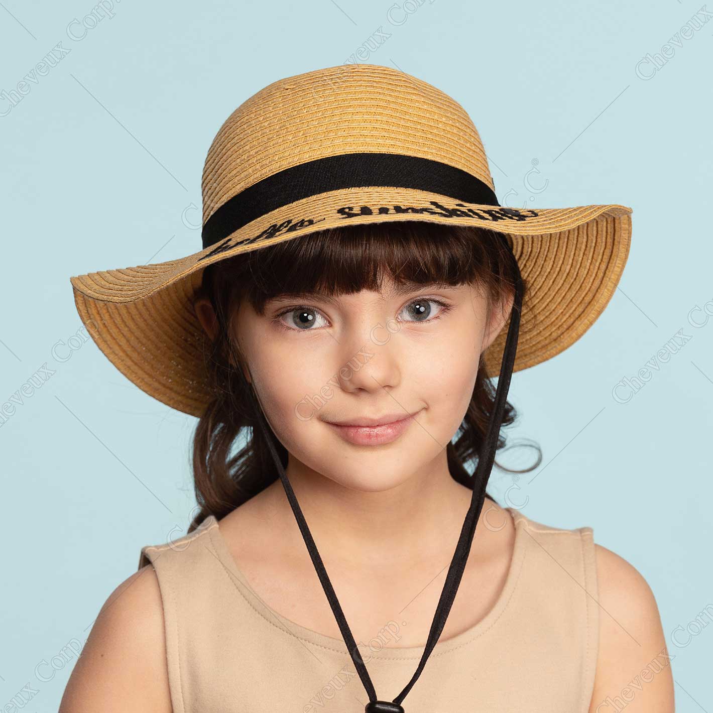 C.C Embroidered Brim Kids Straw Hat 100% Paper Straw Adjustable Strap