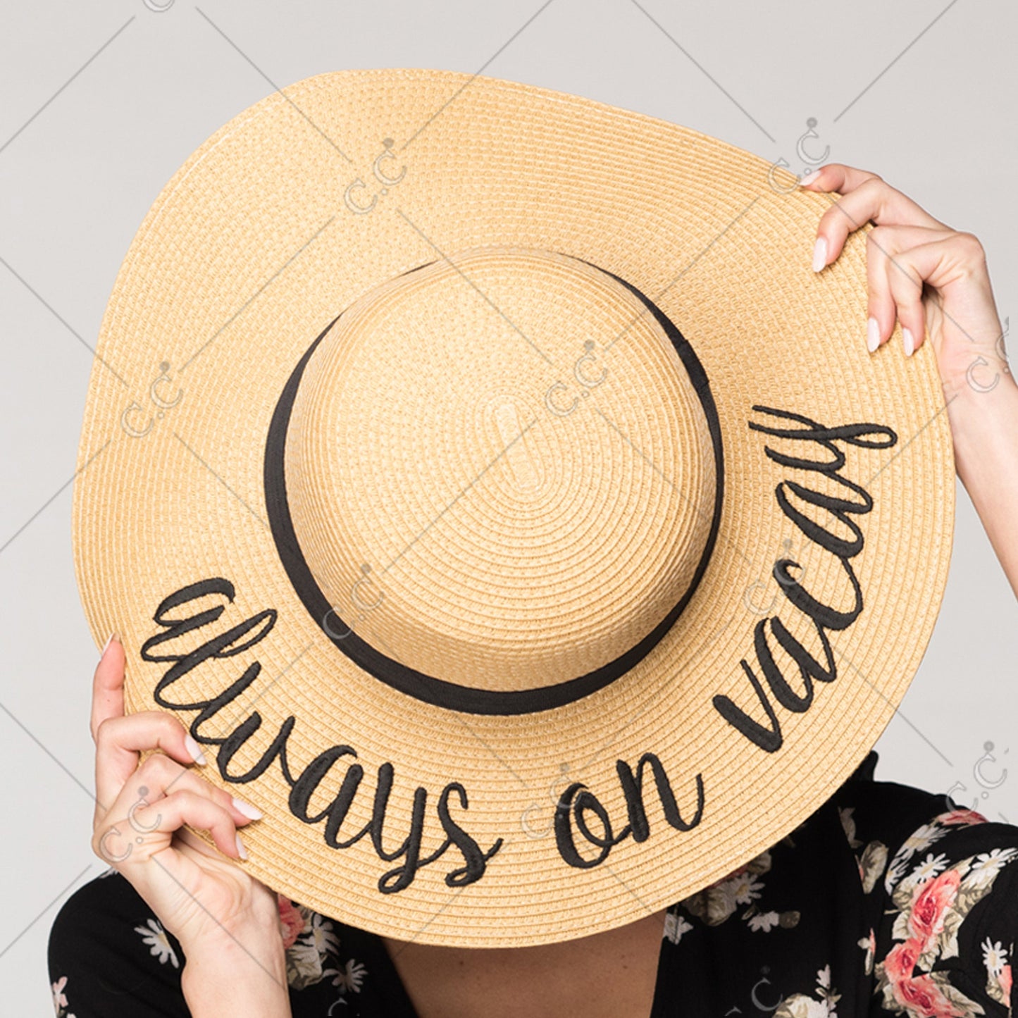 C.C Paper Brim Straw Hat With Lettering And Ribbon Band 100% Paper Straw