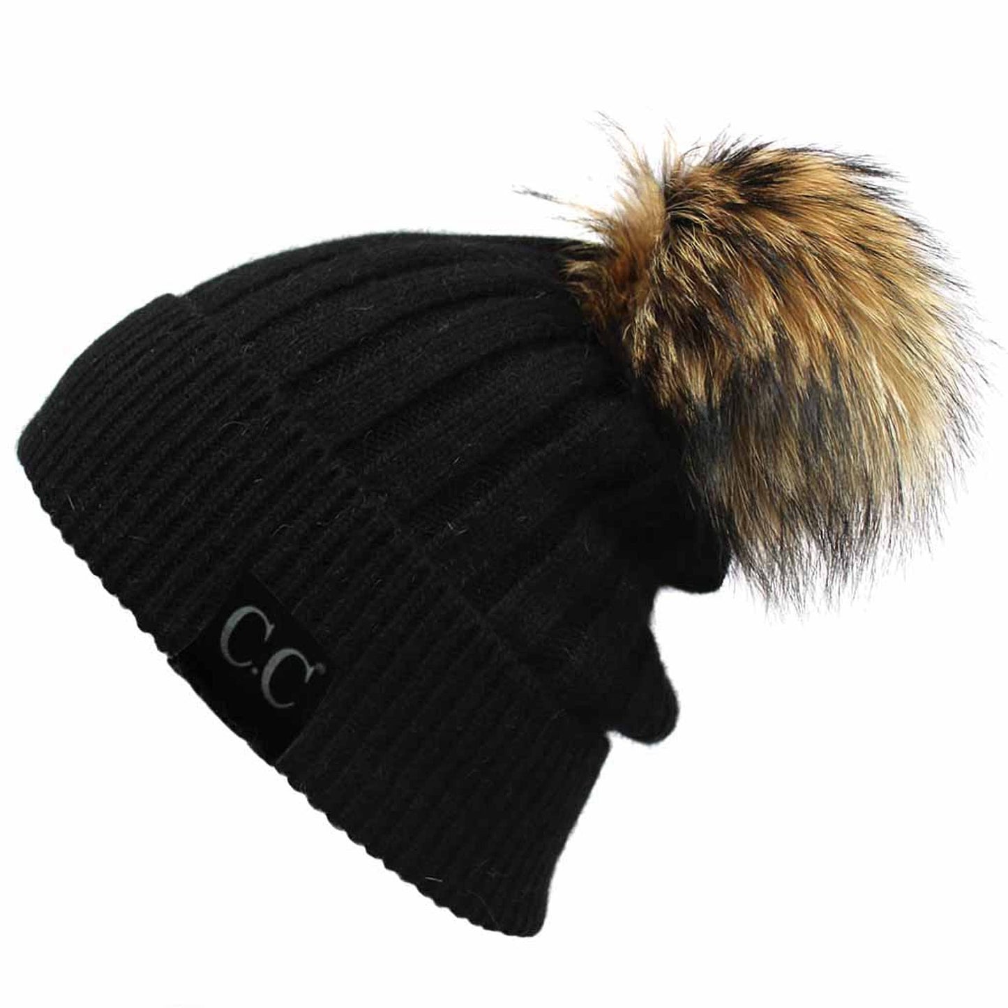 C.C Solid Color Ribbed Hat With Real Raccoon Fur Pom