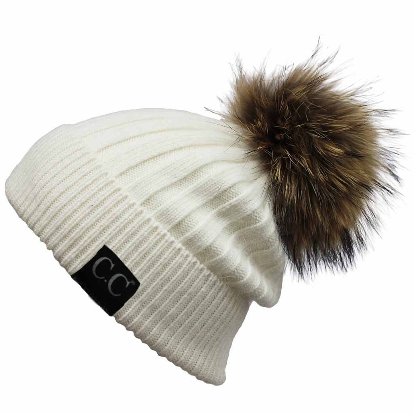 C.C Solid Color Ribbed Hat With Real Raccoon Fur Pom