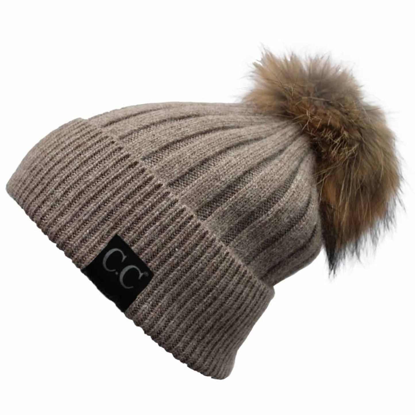 C.C Solid Color Ribbed Hat With Real Raccoon Fur Pom