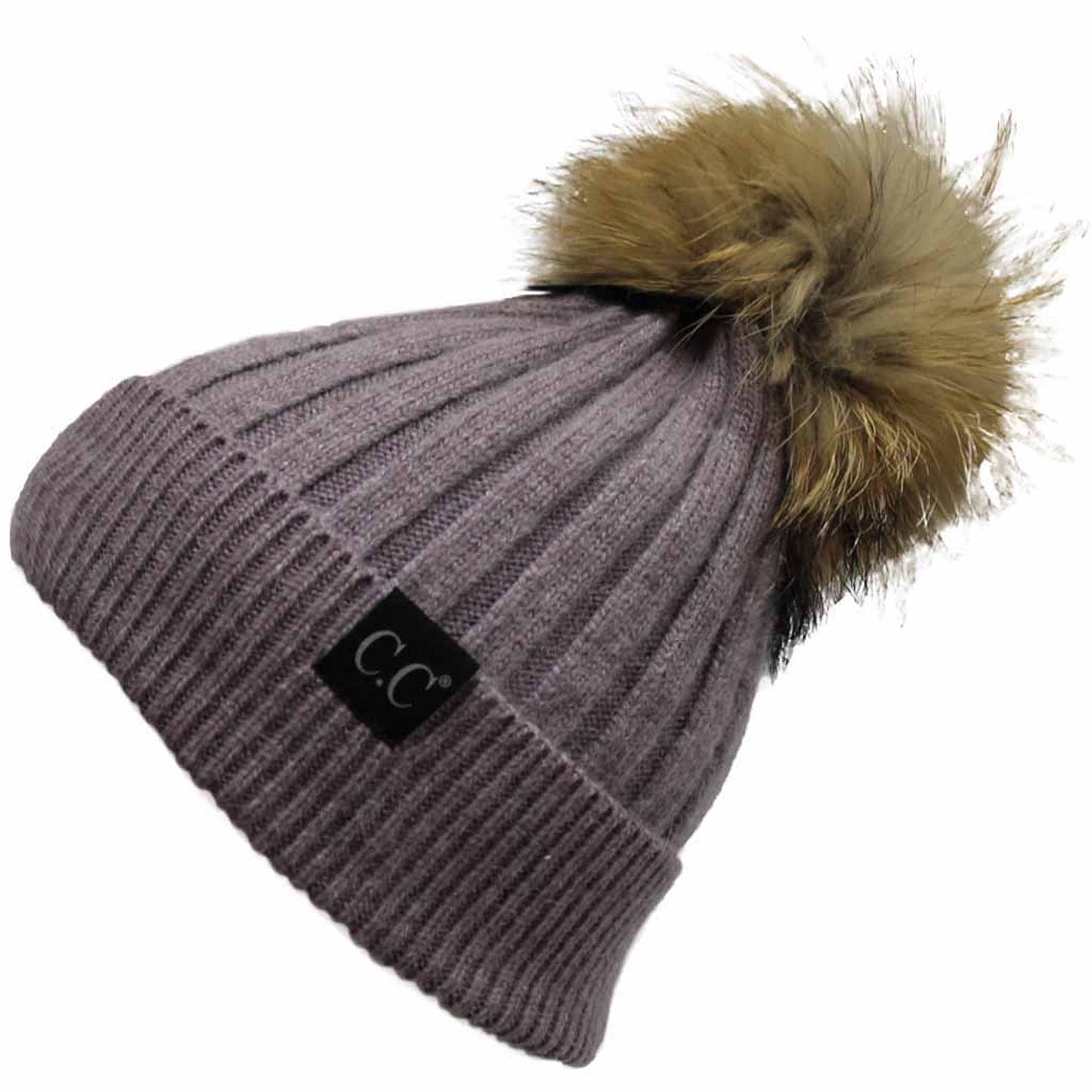 C.C Solid Color Ribbed Hat With Real Raccoon Fur Pom