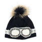 C.C Goggles Pattern Rhinestones Beanie With Real Fur Pom