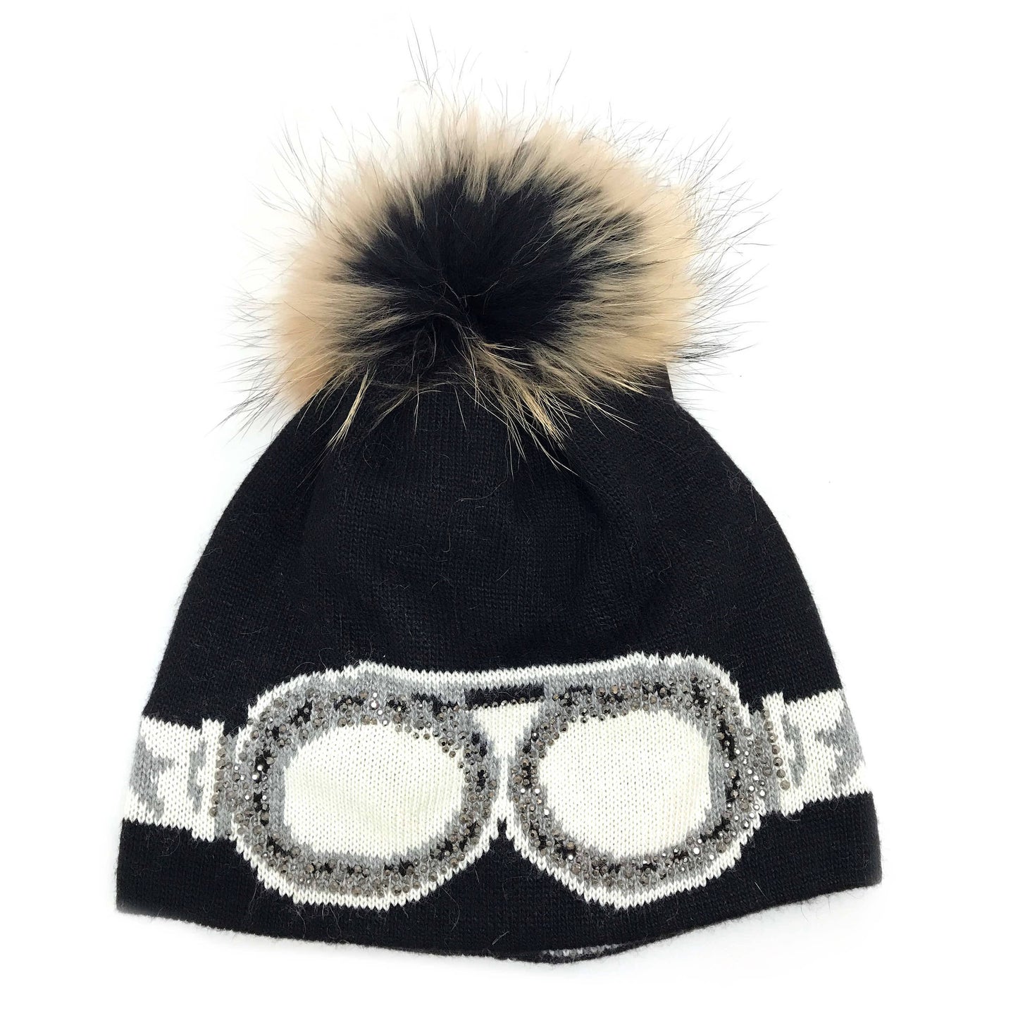 C.C Goggles Pattern Rhinestones Beanie With Real Fur Pom