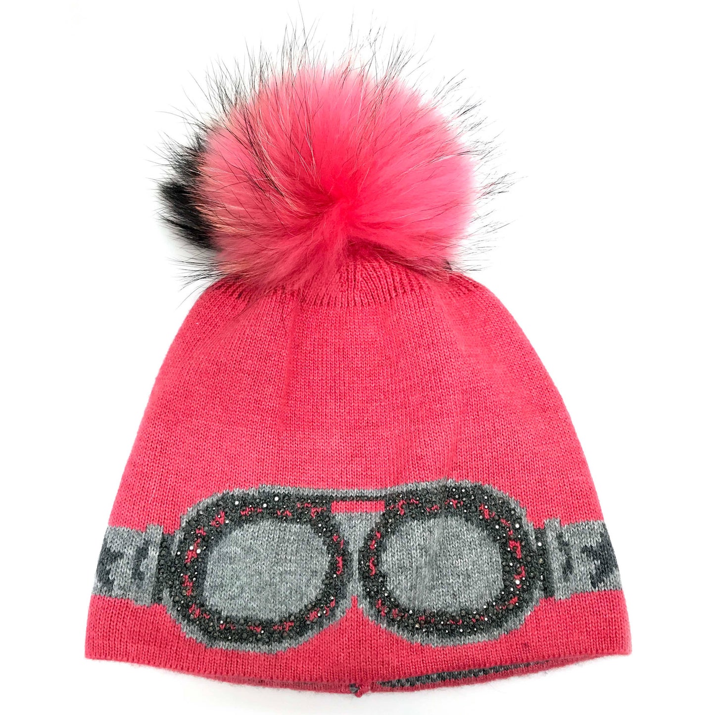 C.C Goggles Pattern Rhinestones Beanie With Real Fur Pom