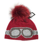 C.C Goggles Pattern Rhinestones Beanie With Real Fur Pom