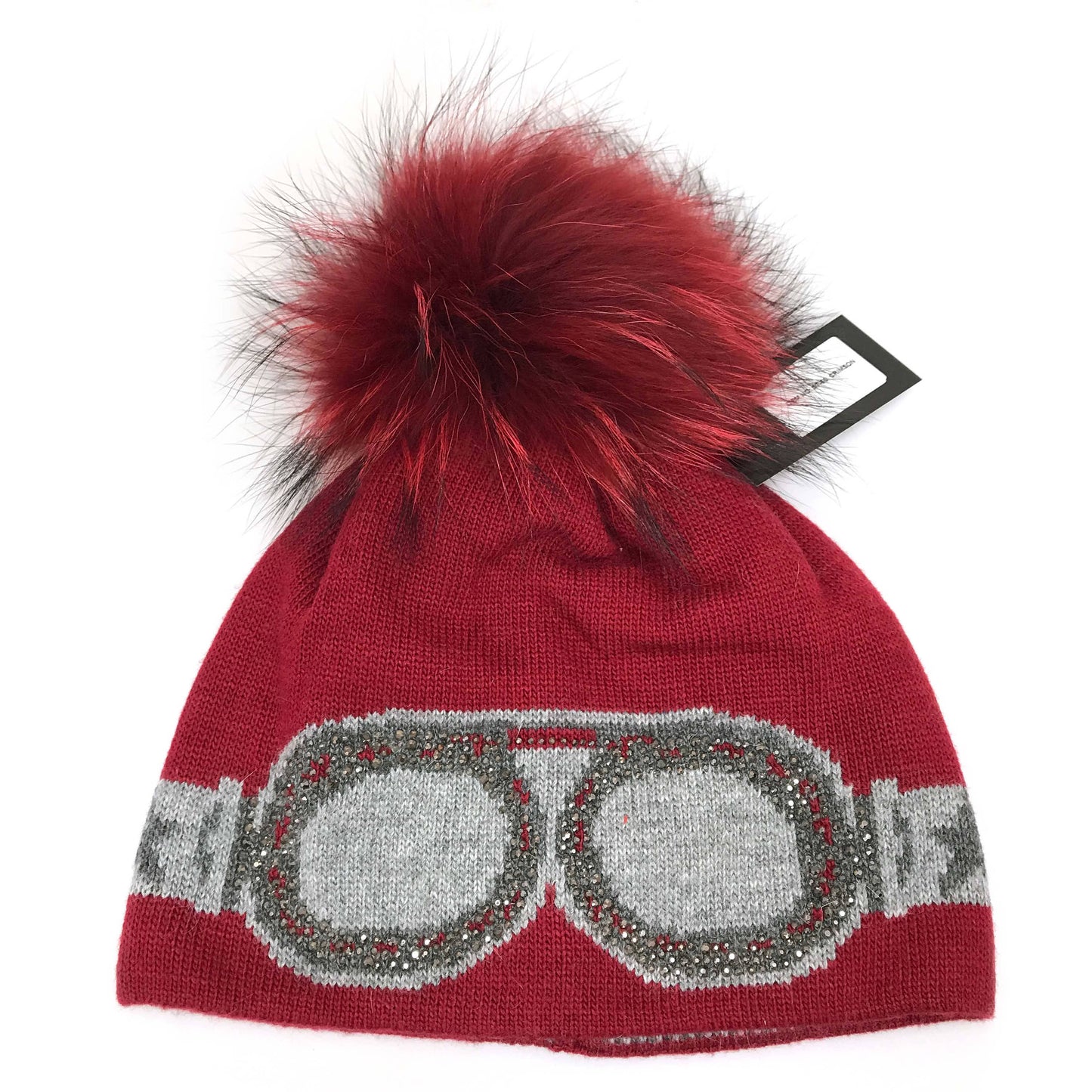 C.C Goggles Pattern Rhinestones Beanie With Real Fur Pom