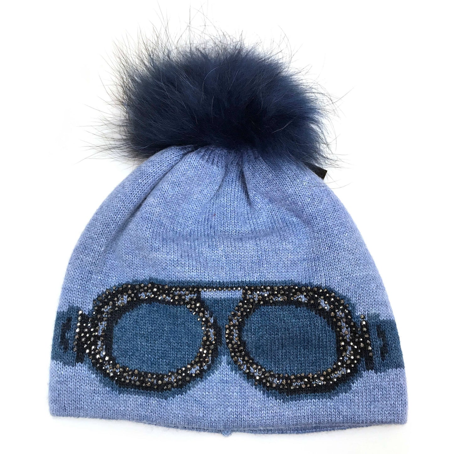 C.C Goggles Pattern Rhinestones Beanie With Real Fur Pom