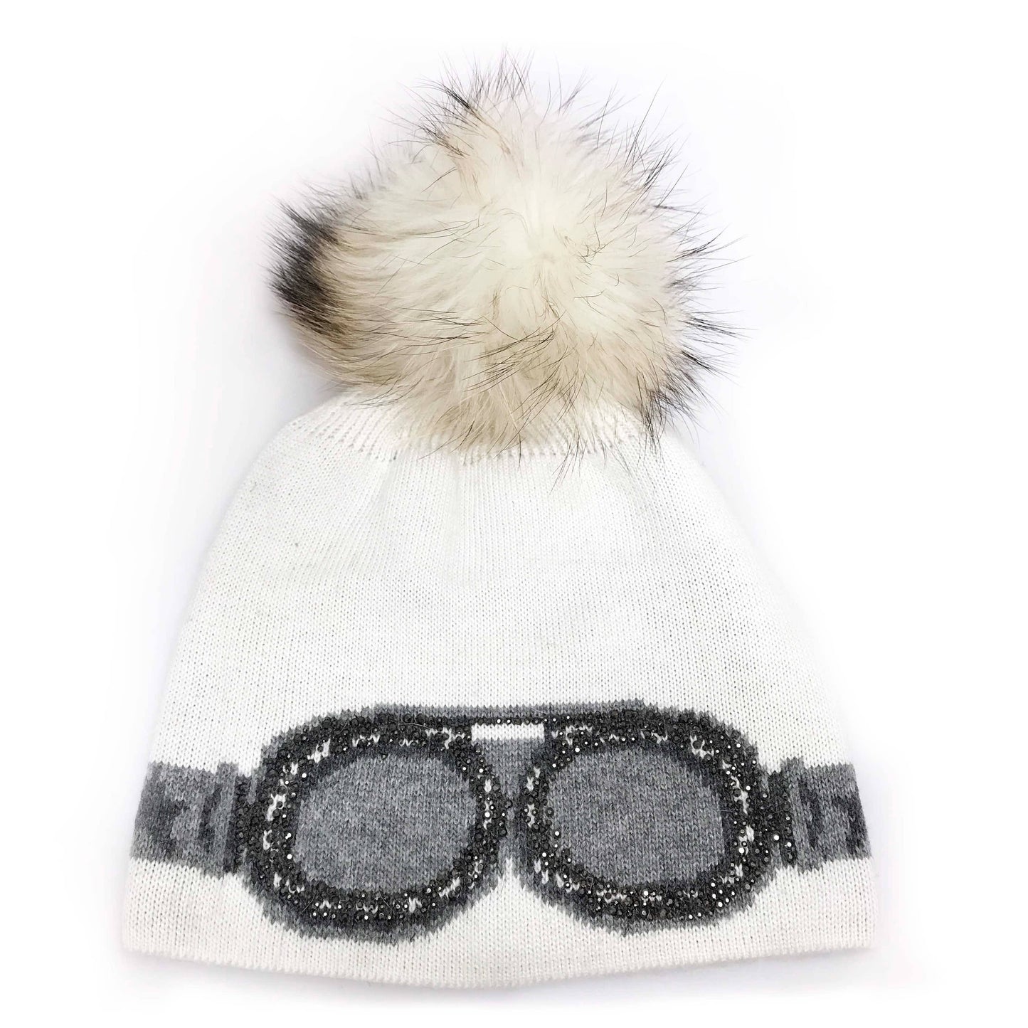 C.C Goggles Pattern Rhinestones Beanie With Real Fur Pom