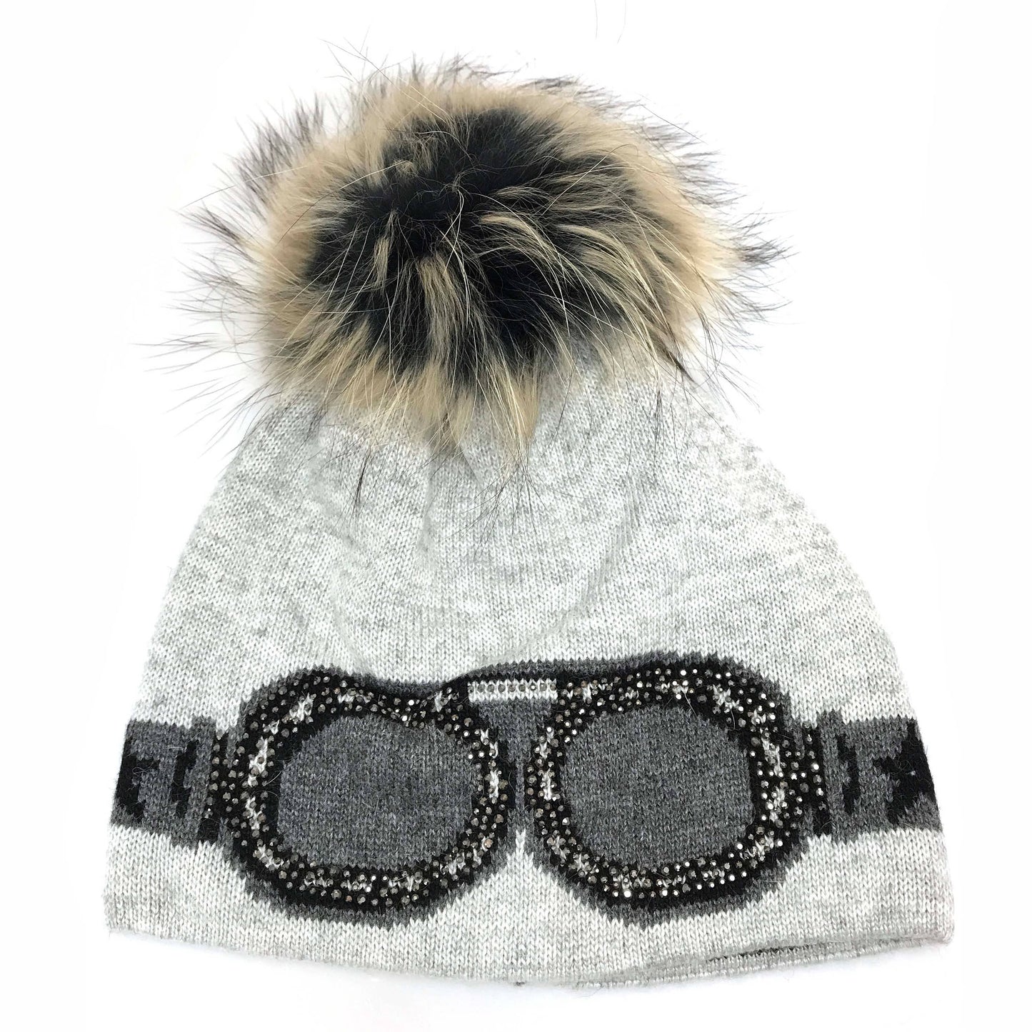 C.C Goggles Pattern Rhinestones Beanie With Real Fur Pom