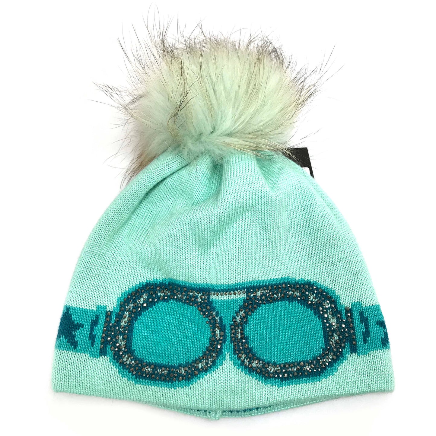 C.C Goggles Pattern Rhinestones Beanie With Real Fur Pom