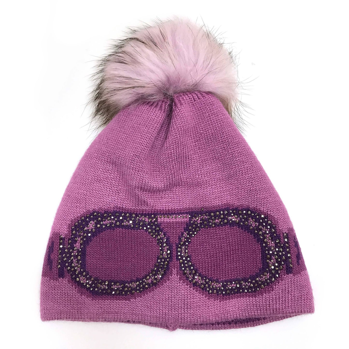 C.C Goggles Pattern Rhinestones Beanie With Real Fur Pom