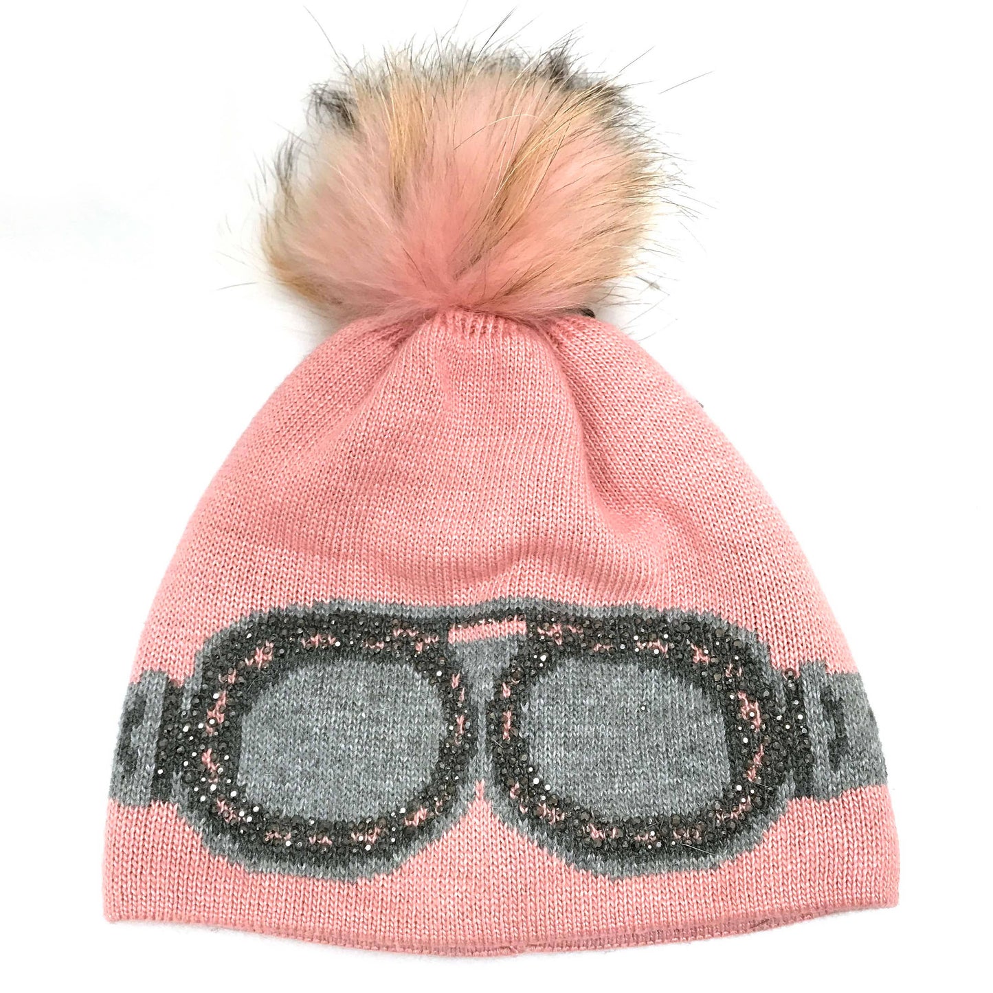 C.C Goggles Pattern Rhinestones Beanie With Real Fur Pom