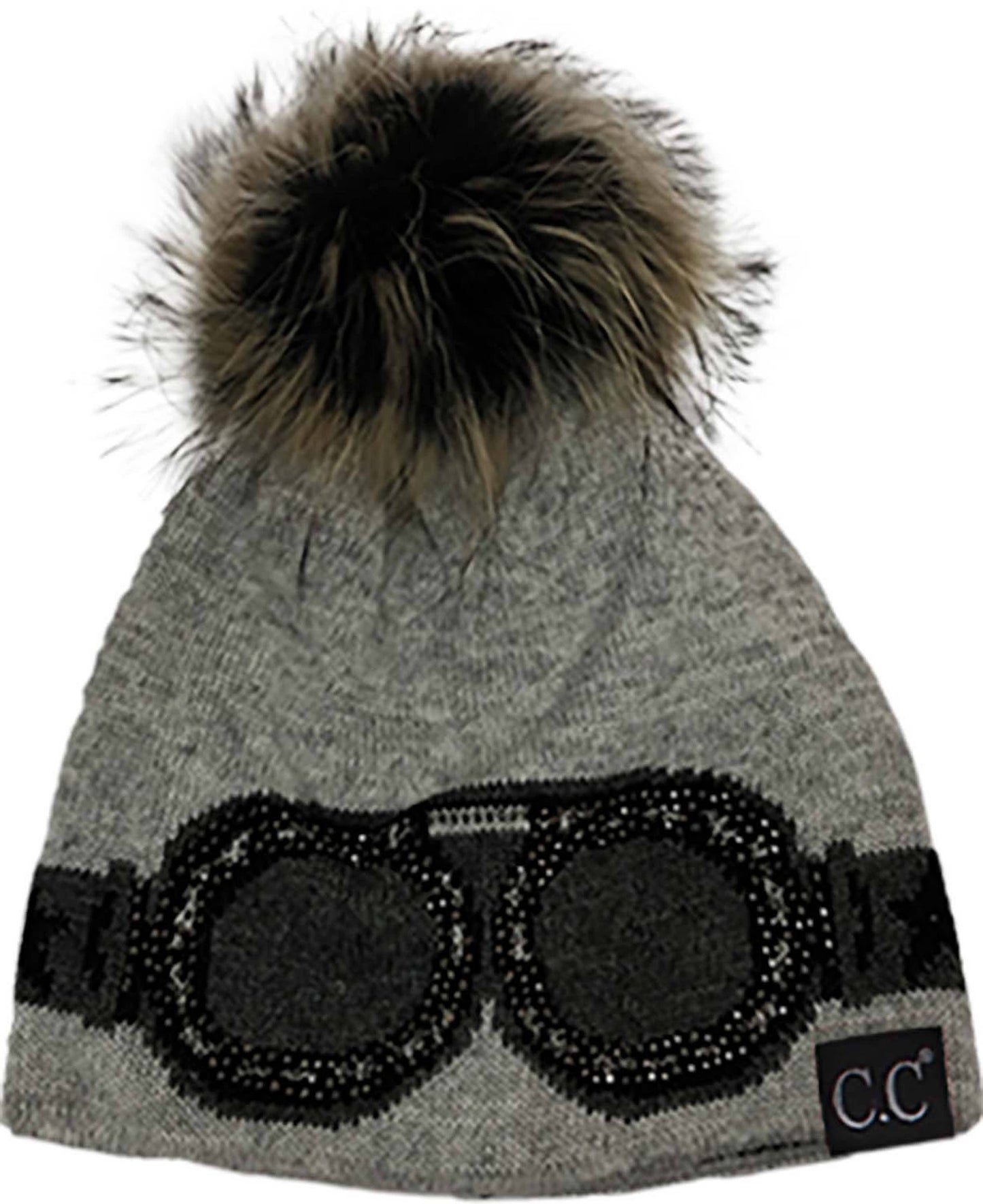 C.C Goggles Pattern Rhinestones Beanie With Real Fur Pom