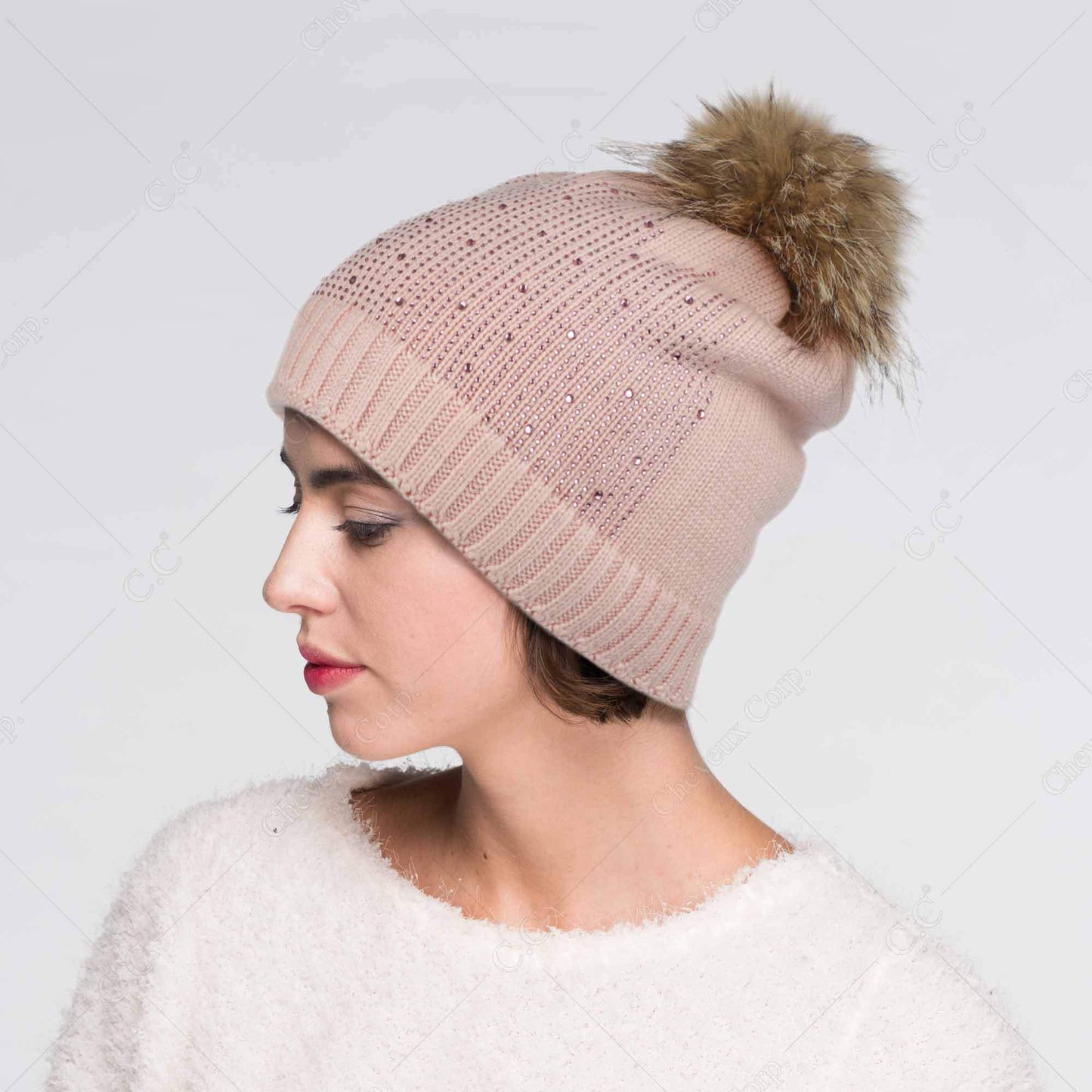 C.C Wool Knitted Beanie With Rhinestones And Real Racoon Fur Pom