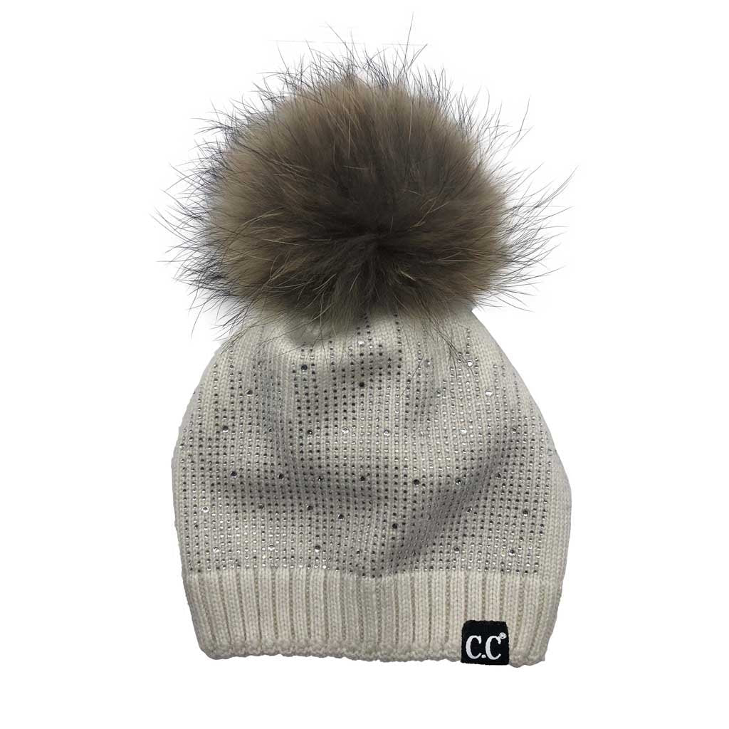 C.C Wool Knitted Beanie With Rhinestones And Real Racoon Fur Pom