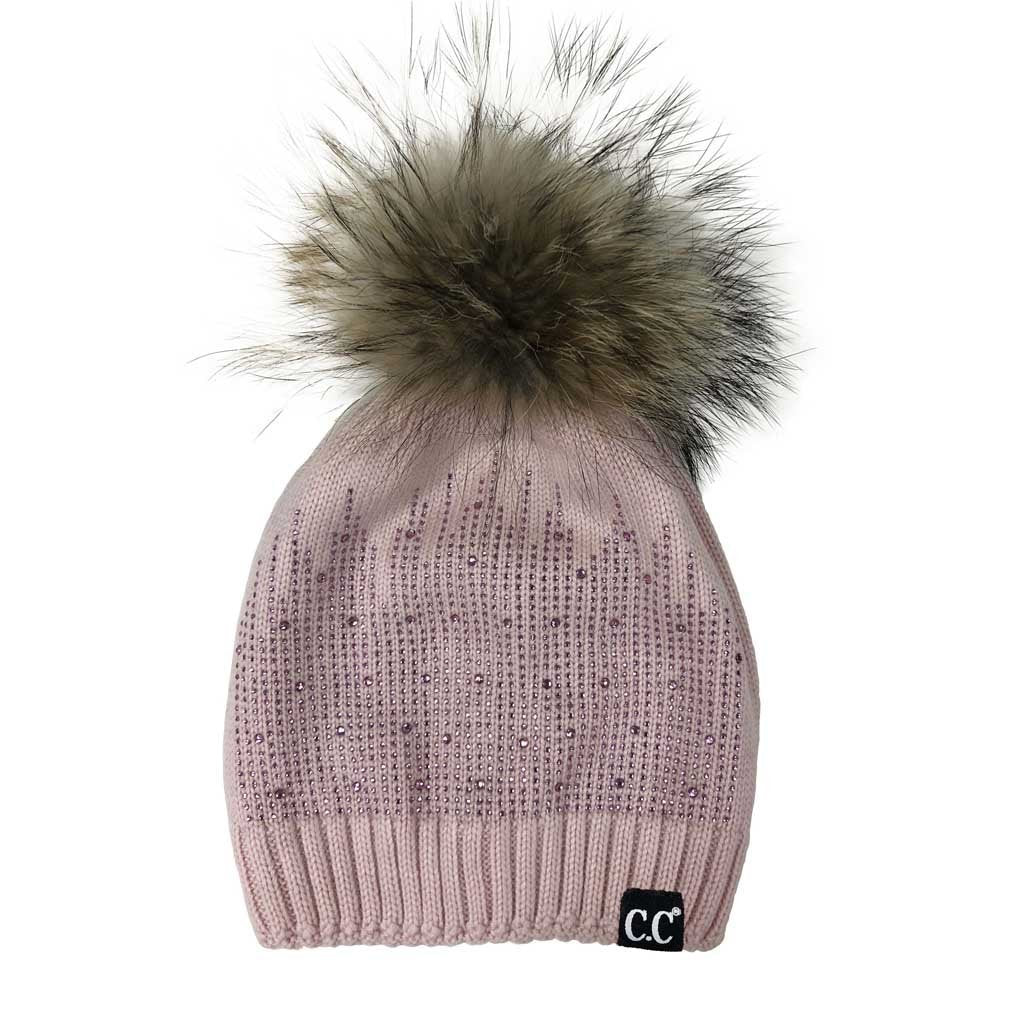 C.C Wool Knitted Beanie With Rhinestones And Real Racoon Fur Pom