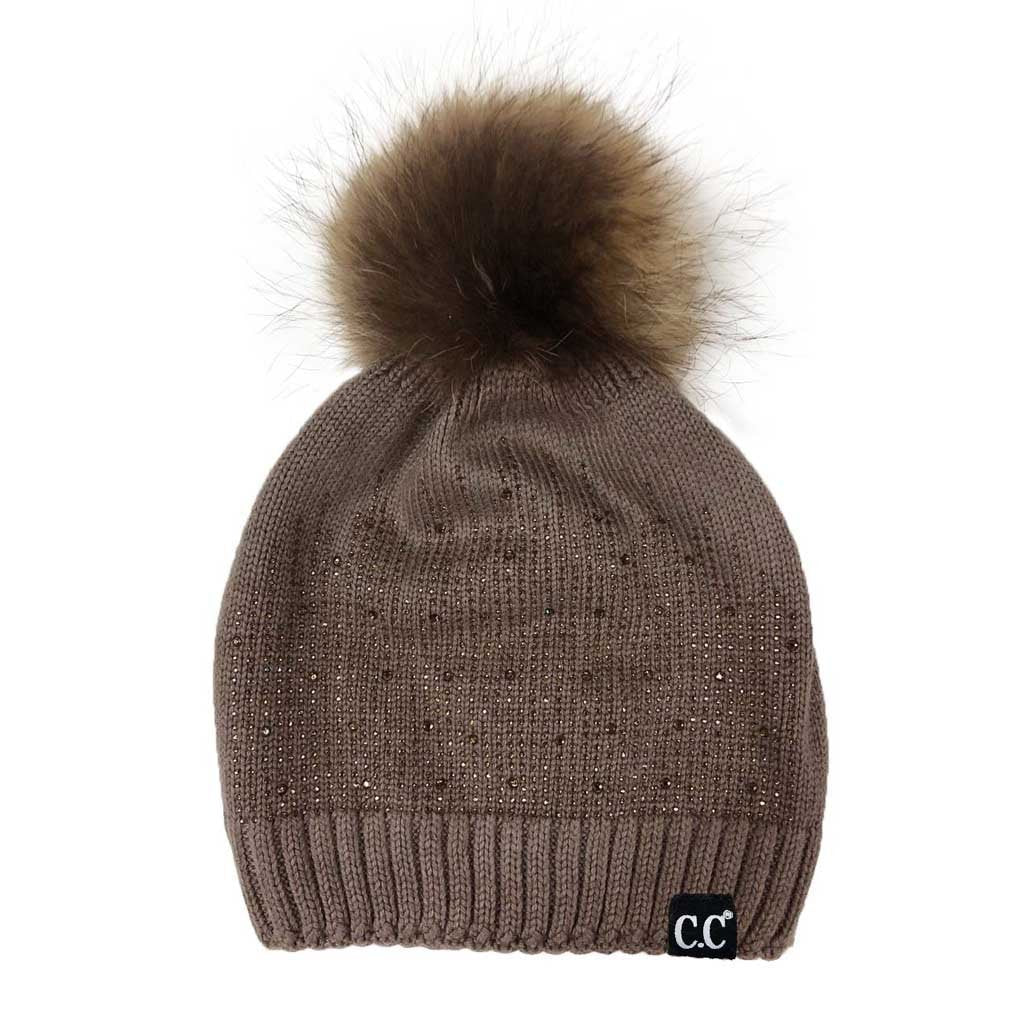C.C Wool Knitted Beanie With Rhinestones And Real Racoon Fur Pom