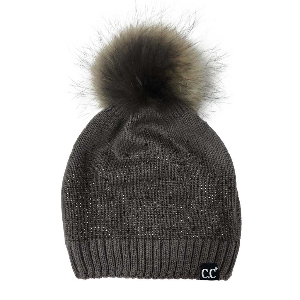 C.C Wool Knitted Beanie With Rhinestones And Real Racoon Fur Pom