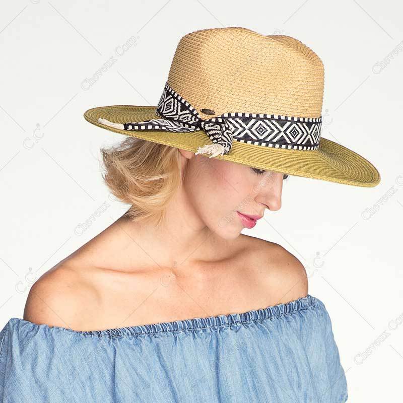 C.C Straw Panama Hat With Aztec Band 80% Paper Straw 20% Polyester