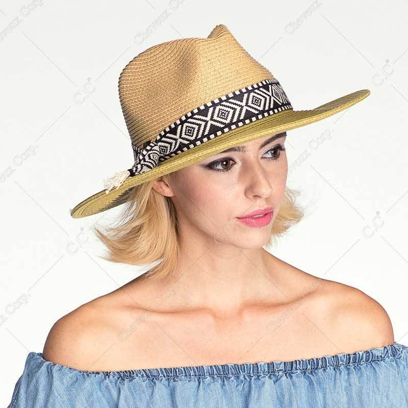 C.C Straw Panama Hat With Aztec Band 80% Paper Straw 20% Polyester