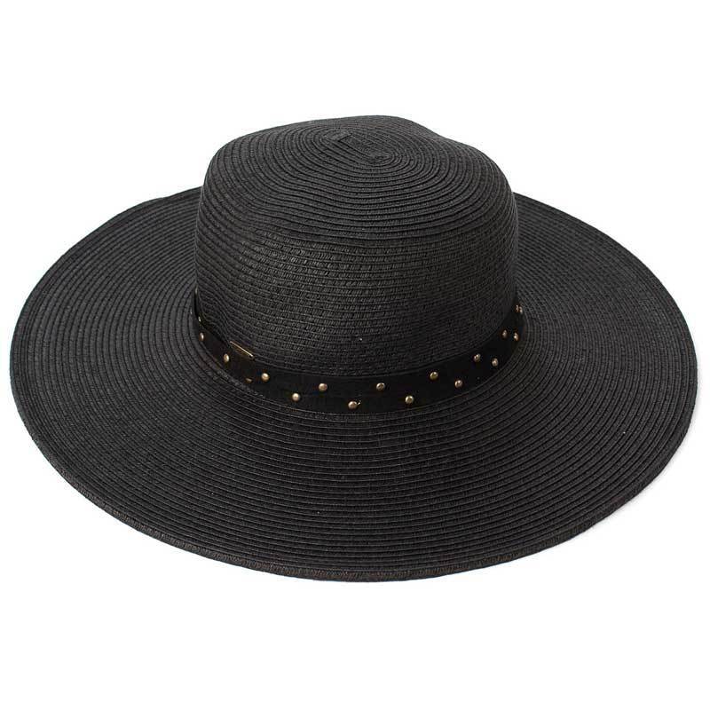C.C Straw Brim Hat With Faux Suede Accented With A Studded Band 88% Paper Straw 12% Polyester